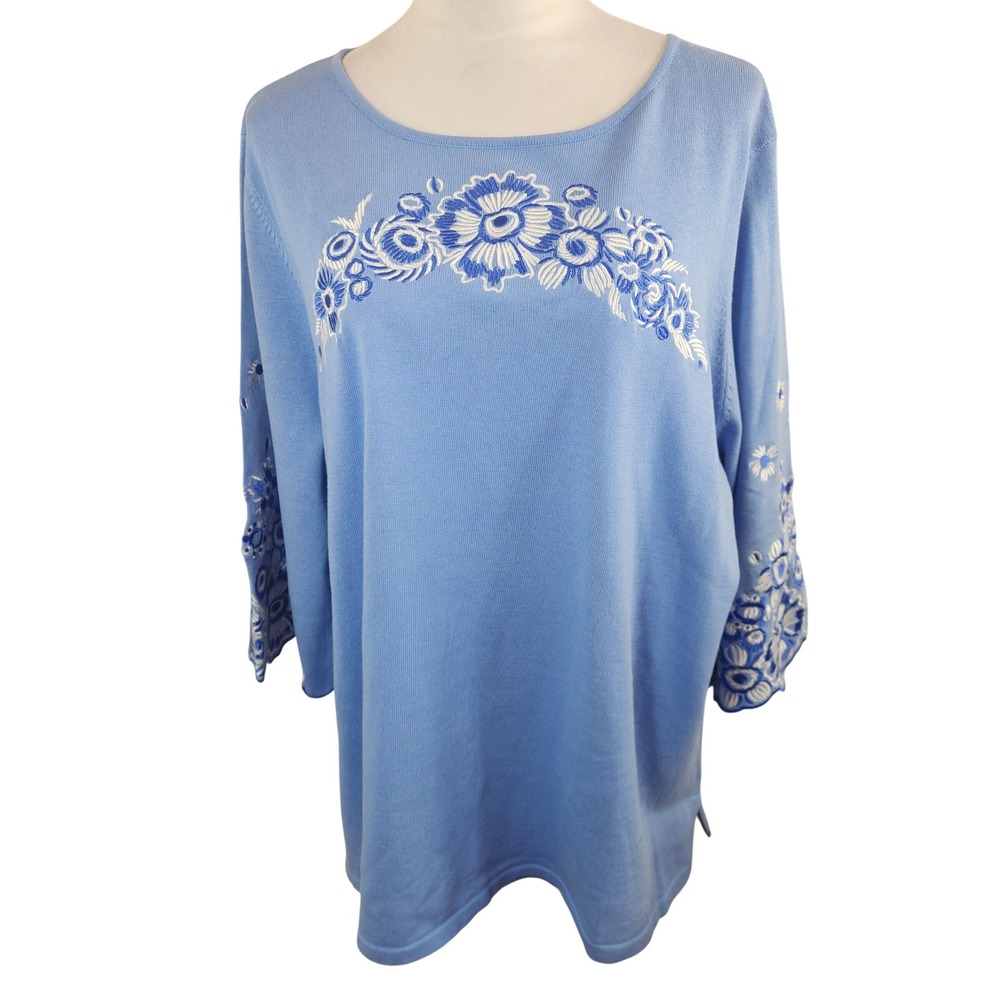 Bob Mackie Womens Blue Floral Embroidered Sweater Top Size 2X Artsy Boho NEW NWT